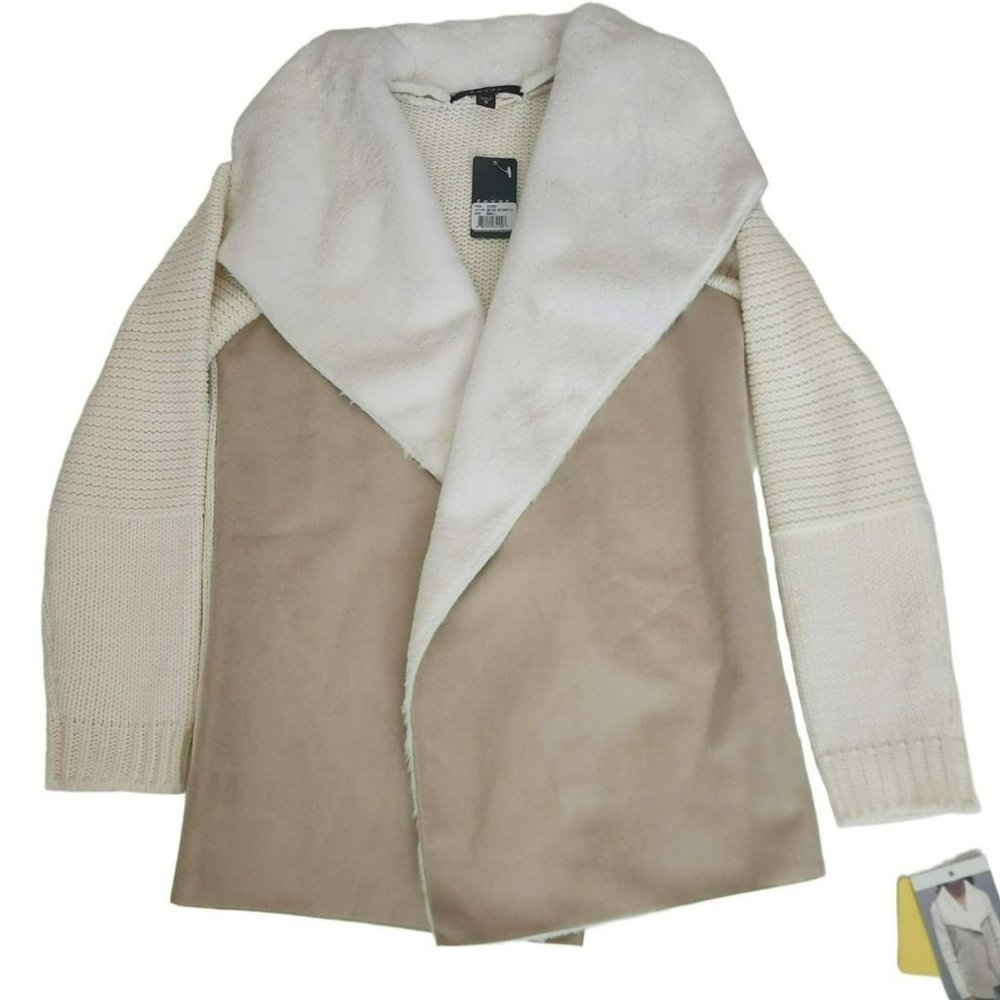 Fever‎ Women's Beige/Tan Cascade Collar Faux Suede Sherpa Knit Jacket Small NWT - Picture 8 of 11